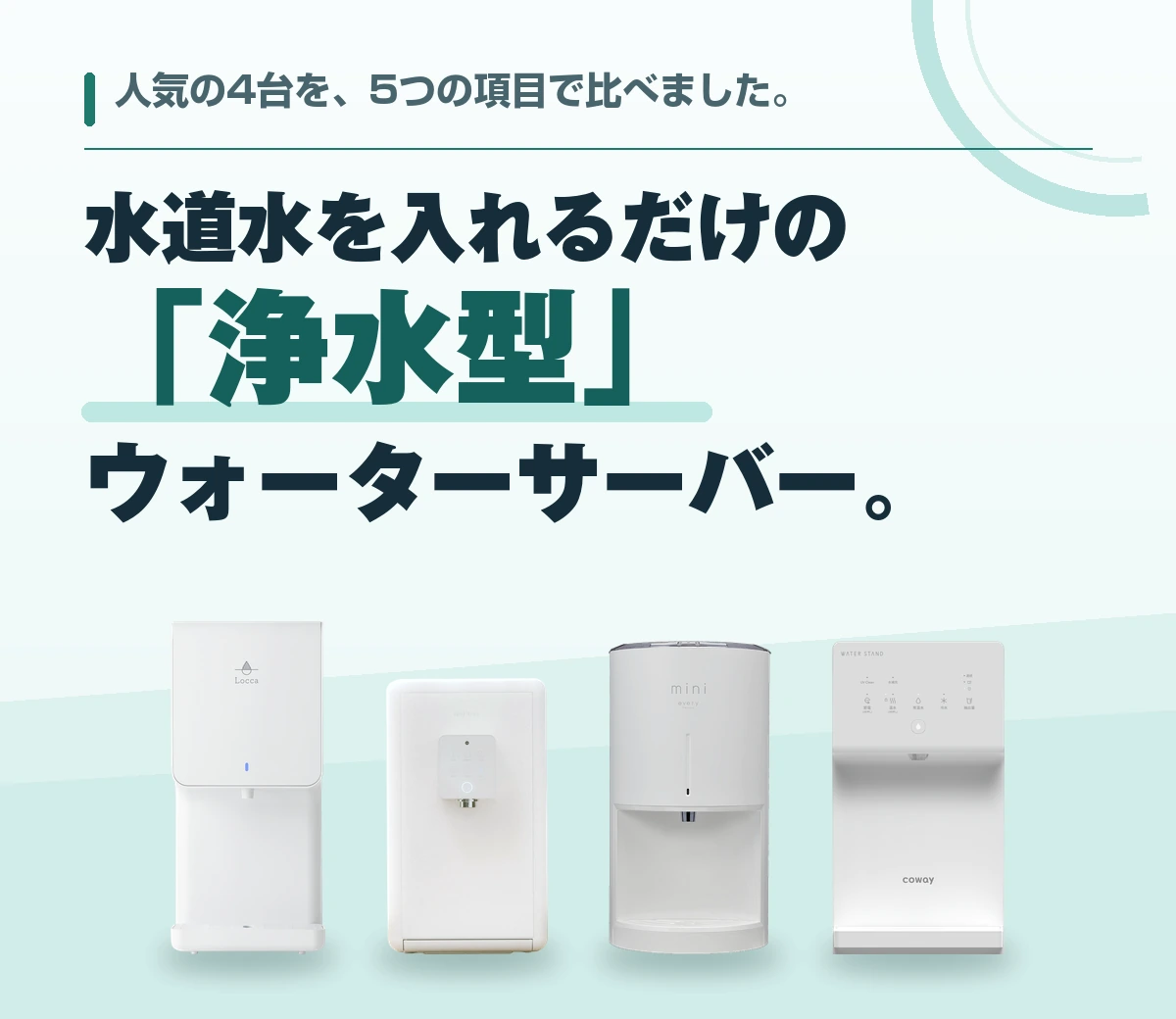 水道水を入れるだけの「浄水型」ウォーターサーバー。人気の4台を、5つの項目で比べました。
