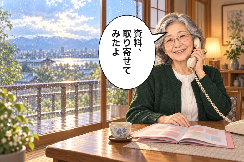 資料を取り寄せ、娘に電話で報告する母