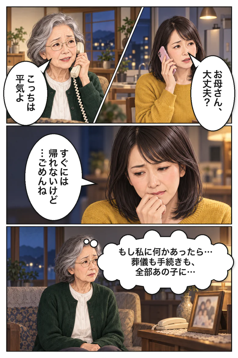 東京に住む娘との電話。もし私に何かあったら、葬儀も手続きも全部あの子に…