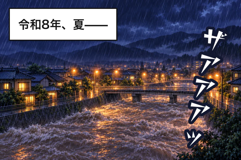 大雨の夜の富山の町