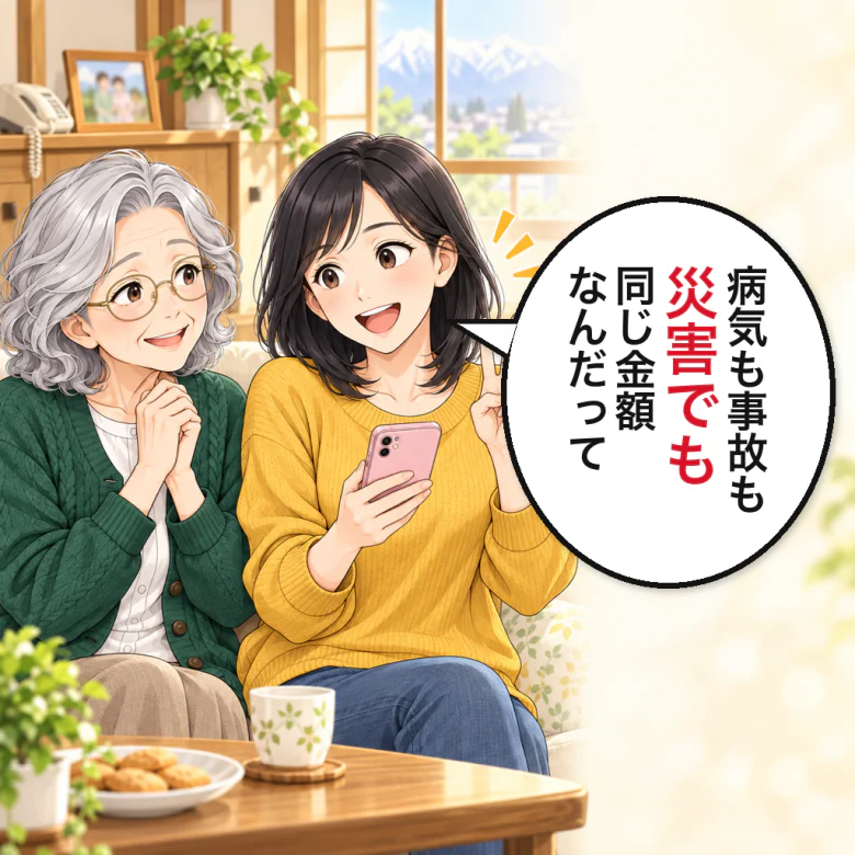 病気でも事故でも災害でも同じ金額と説明する娘