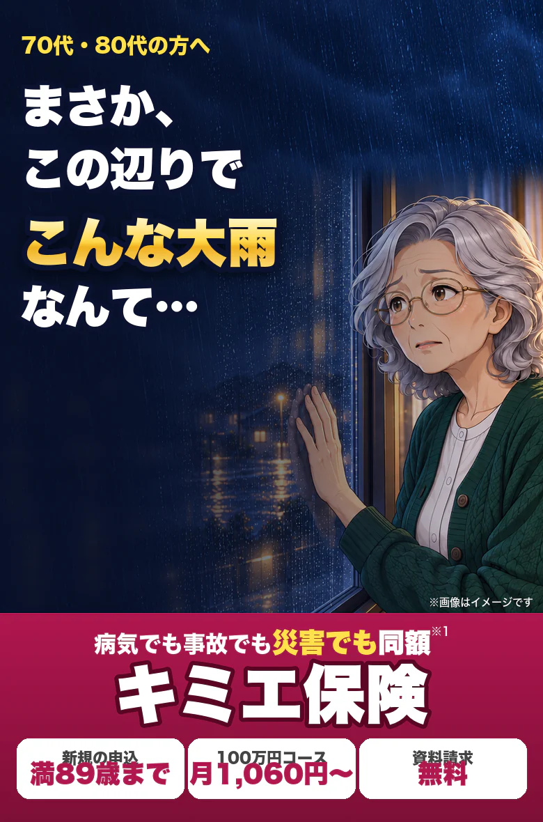 まさか、この辺りでこんな大雨なんて… 70代・80代の方へ。病気でも事故でも災害でも同額の死亡保障、キミエ保険。満89歳まで申込OK、資料請求無料
