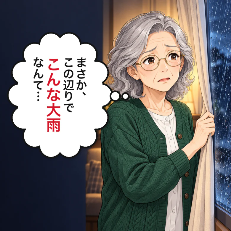 窓の外の大雨を見る母