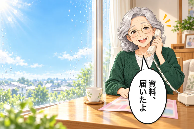 雨上がりの朝、資料が届いたと電話する母