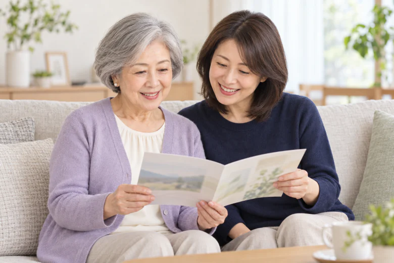 資料を一緒に見る母と娘