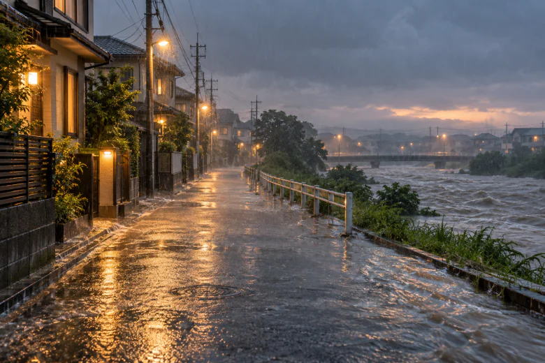 大雨で川があふれそうな住宅街