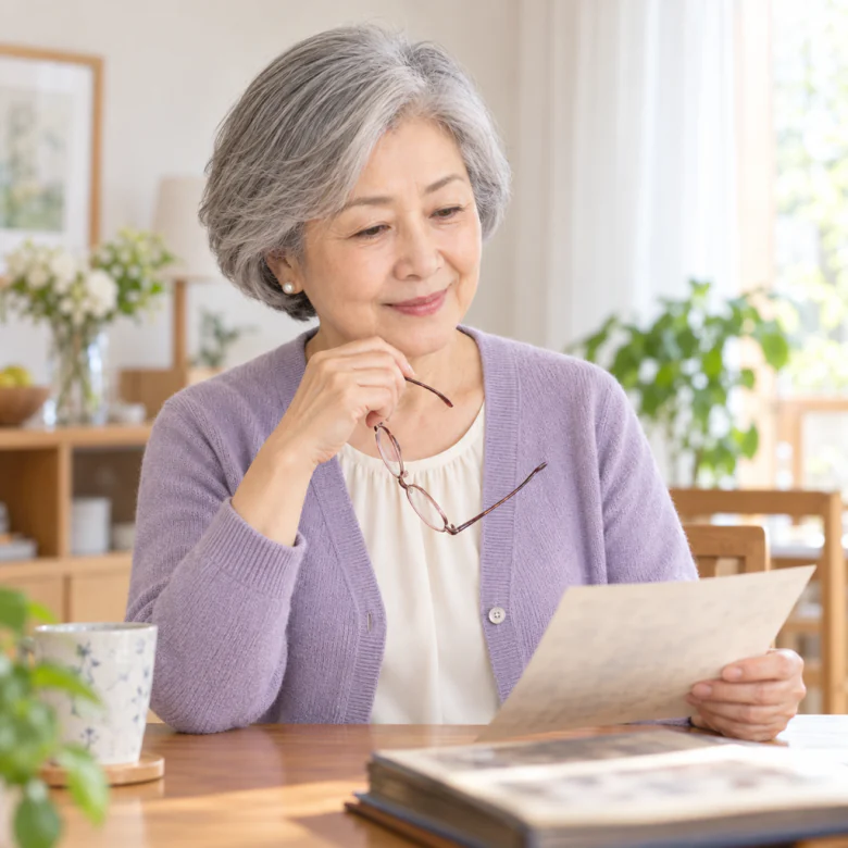 古い保険証券を確認する女性