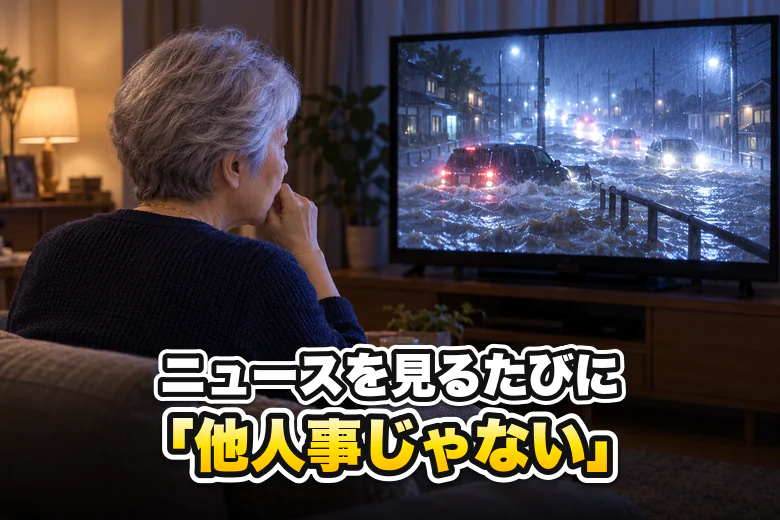 大雨のニュースを見る女性
