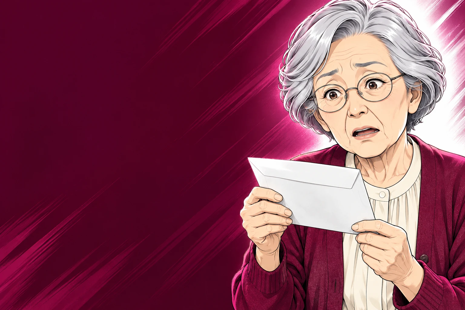 創作漫画の和子が保障の通知を手にしているイラスト。