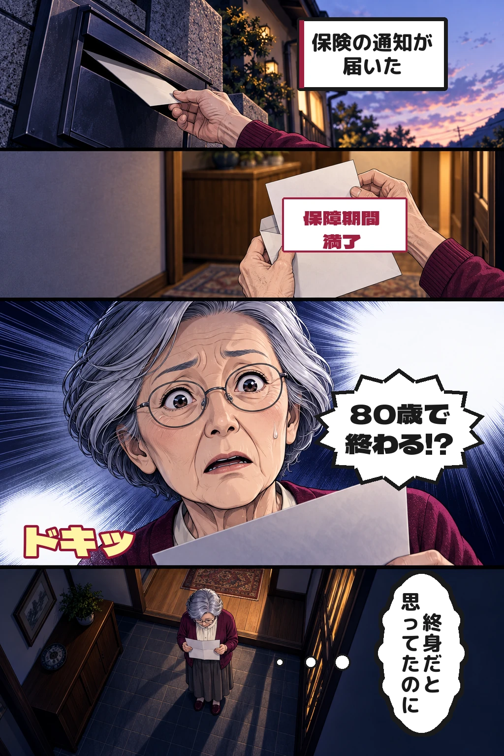 漫画1ページ目。和子に保障期間満了の通知が届き、80歳で保障が終わると知って驚く。