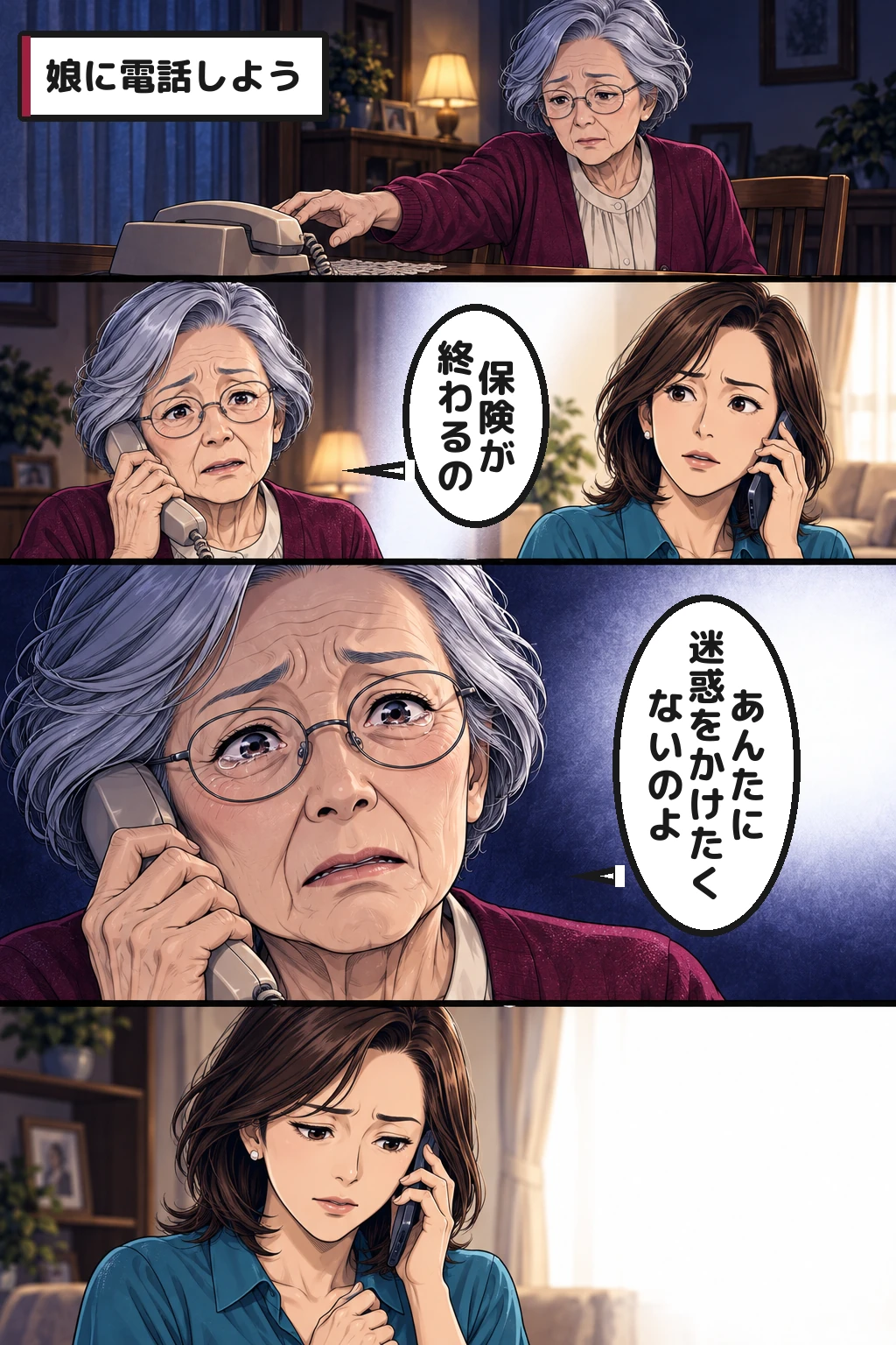 漫画2ページ目。和子は娘へ電話をし、迷惑をかけたくない本音を涙ながらに話す。娘は言葉を失う。
