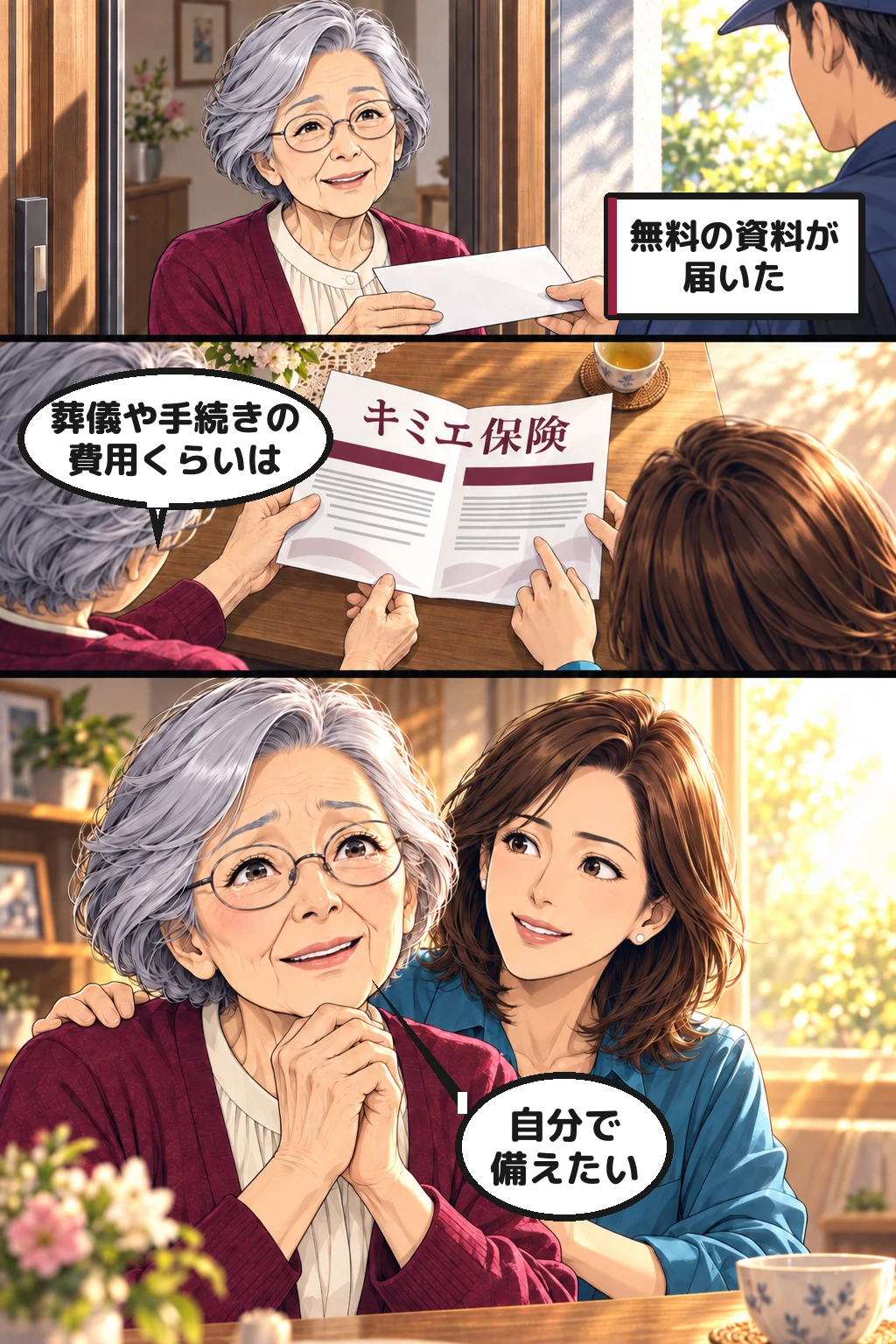 漫画5ページ目。無料資料が届き、和子と娘は費用への備えを一緒に考える。