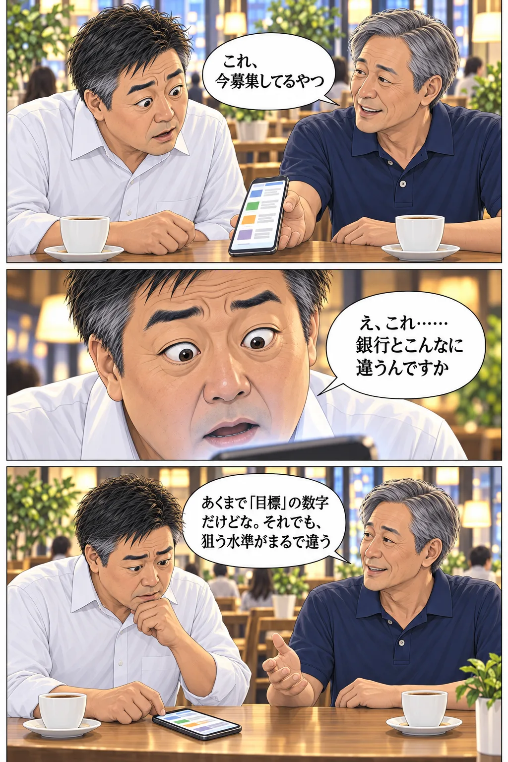 先輩がスマホで募集中のファンドを見せる