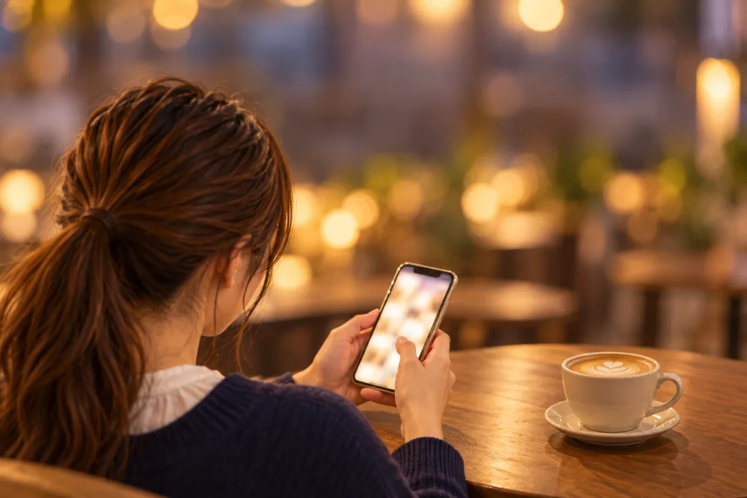 カフェでスマホを見ながら相手を選ぶ女性の手元