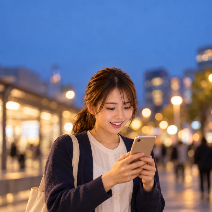 駅で募集を見る女性